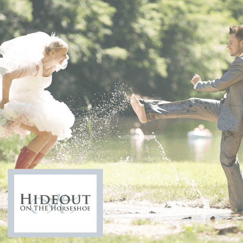 Hideout on the Horseshoe logo with a background of a bride and groom in the water