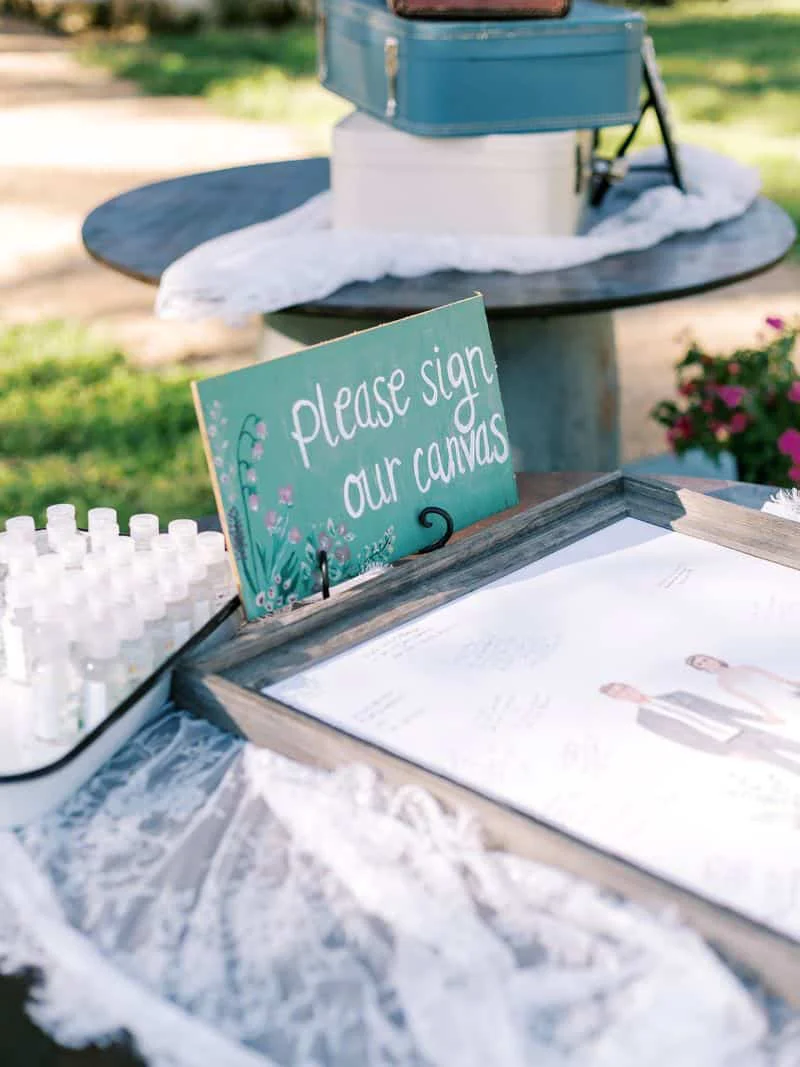 The please sign our canvas sign at the guest book table