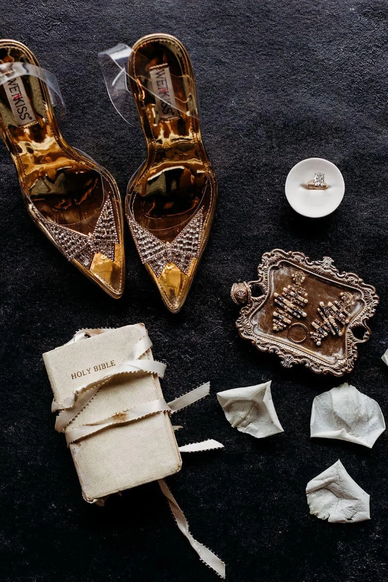 Her heels laid out with her Gran’s Bible and the rings