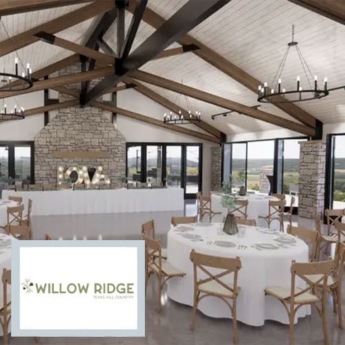 The Willow Ridge logo with a background of a wedding reception setup in at the wedding venue