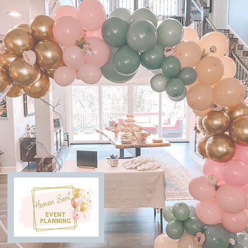 Heaven Sent Event Planning logo with a background of a balloon arch set up for a private event