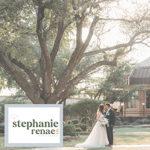 Stephanie Renae Photography logo with a background of a bride and groom kissing outdoors in front of a tree