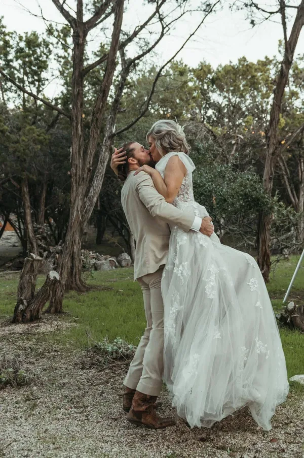 A bride and groom kissing