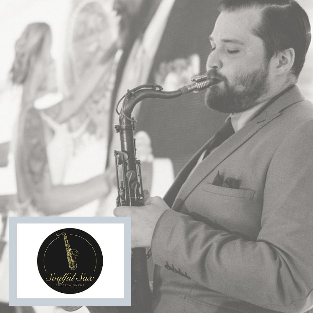 The Soulful Sax logo with a black and white background of Ryan playing the saxophone at a wedding