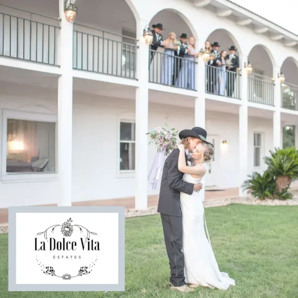 Bride and groom kissing outside La Dolce Vita Estates