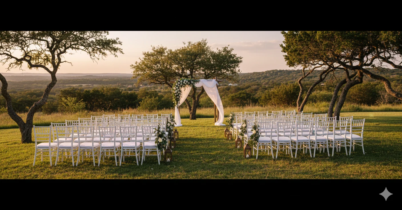 Hill Country wedding venue with outdoor ceremony setup at sunset