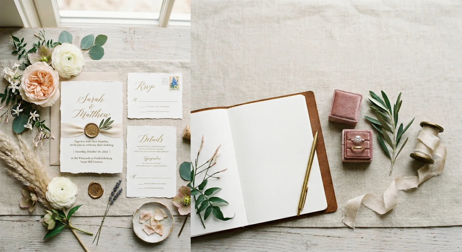 Texas Hill Country wedding planning timeline with wedding details flat lay