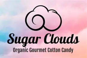 Sugar Clouds Organic Gourmet Cotton Candy logo on a pastel pink and blue background