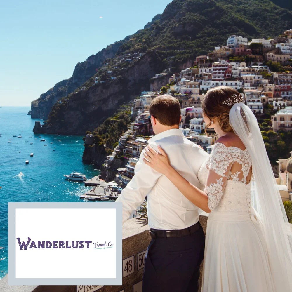 Wanderlust Travel Co destination wedding couple in Positano with logo