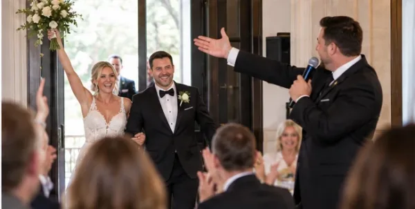 An emcee announcing the newlyweds as they enter, the bride raising her bouquet while guests applaud