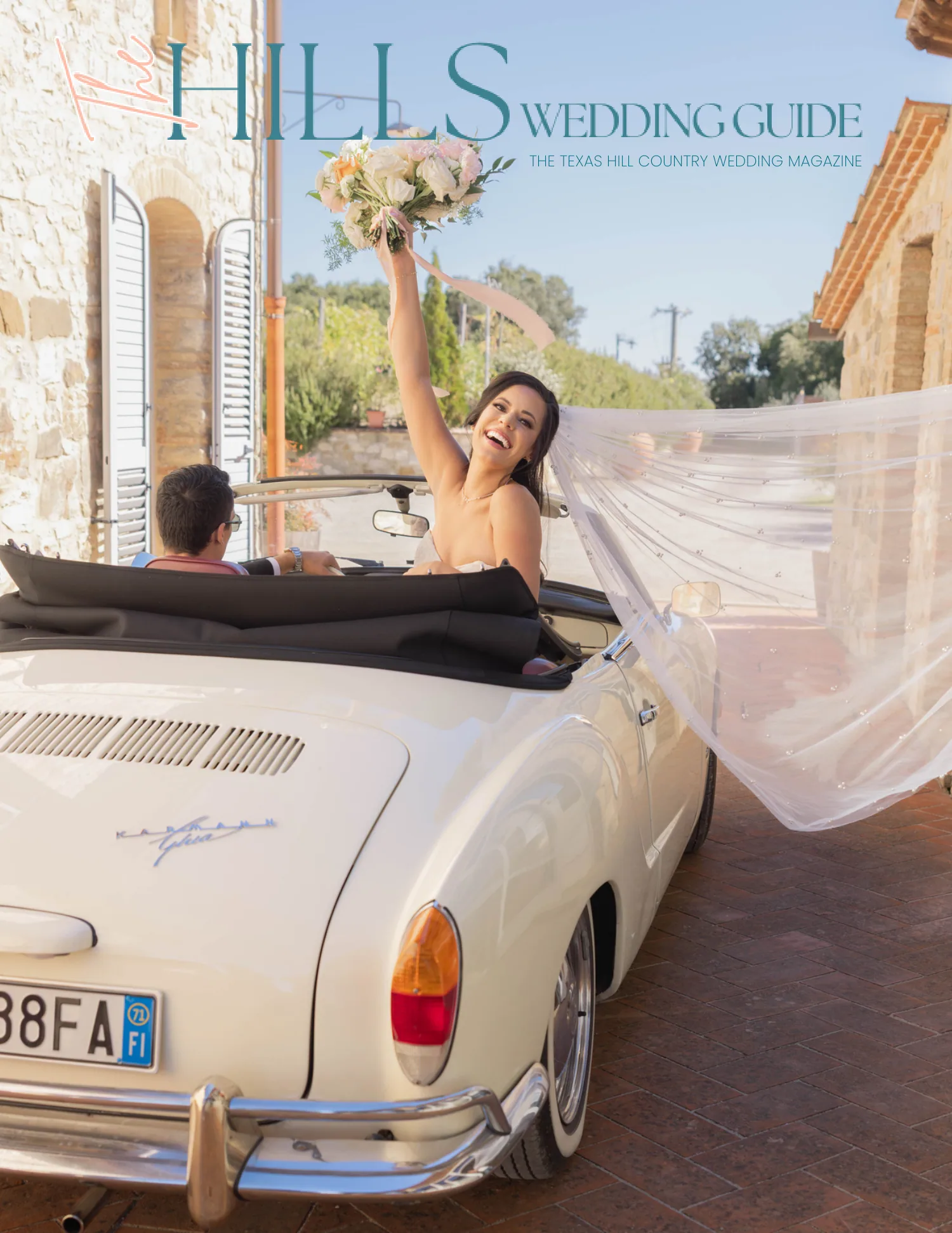The 2026 cover of The Hills Wedding Guide: a bride in the back of a cream convertible, bouquet raised, veil trailing behind her